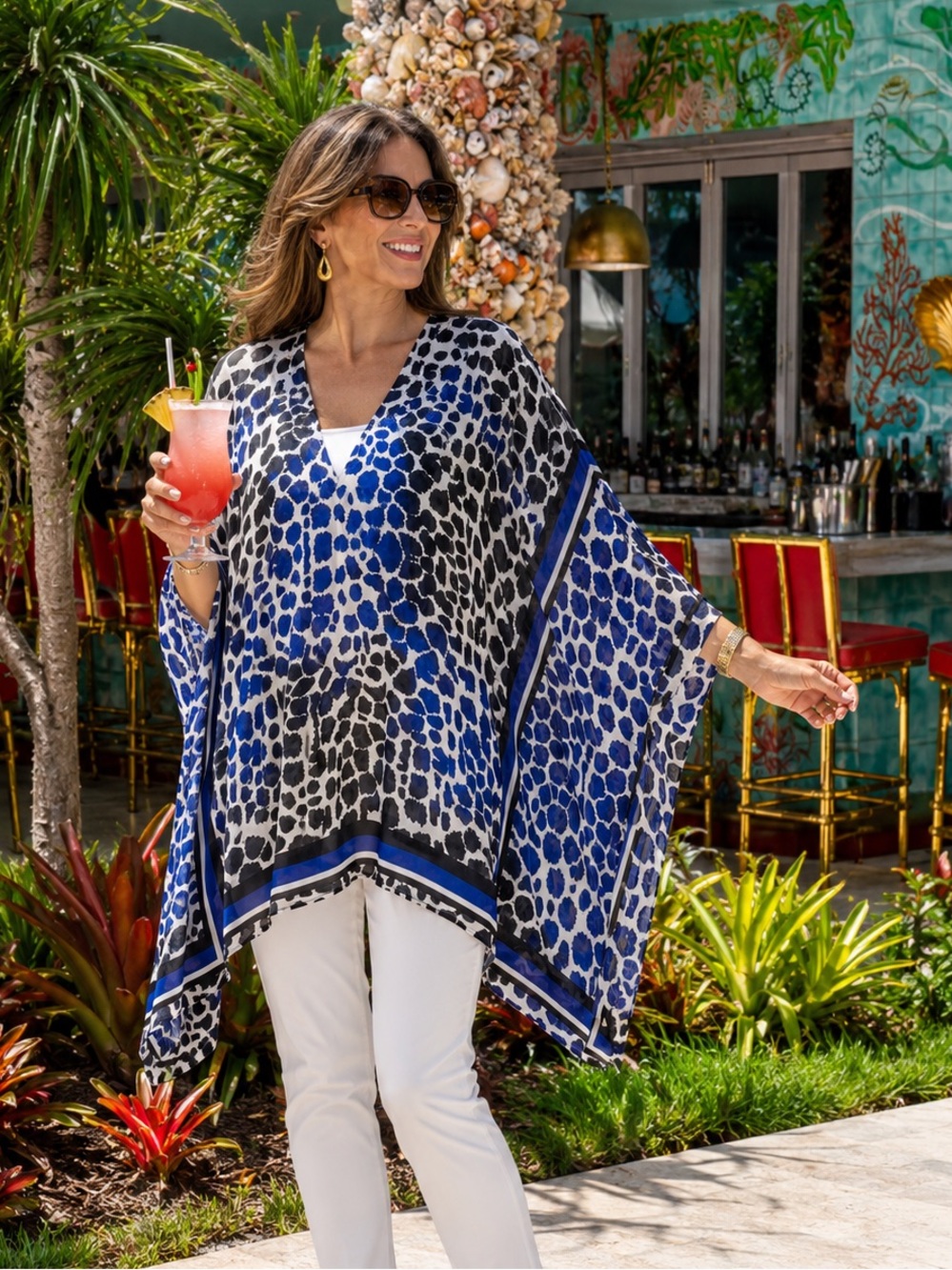 Chico's Travelers Blue Black Animal Print Sheer Kaftan Poncho Top Size 0 S